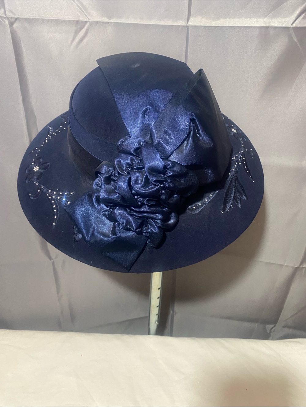 Navy Satin Floral Embellished Women's Dress Hat
